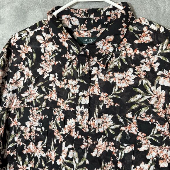 Lauren Ralph Lauren Top Plus 2X Semi Sheer  Sleeves Dark Floral Collared Bloom - Picture 8 of 10